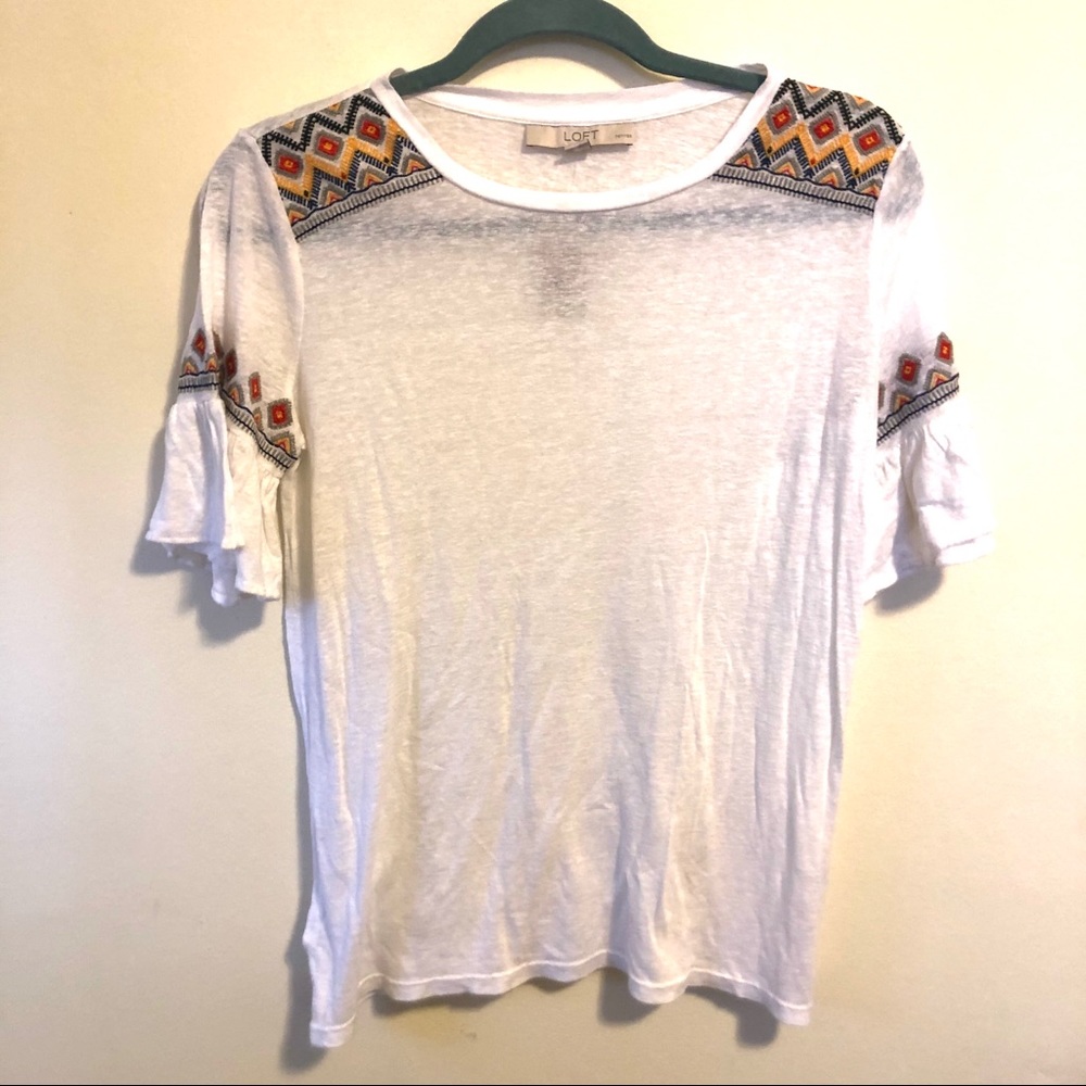 LOFT Aztec Embroidered Ruffle Sleeve Tee NWT - Picture 2 of 5